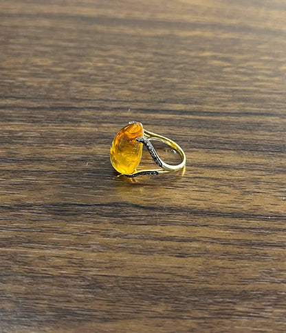 Pear Drop Shape Orange Citrine Cabochon Diamonds 14K Yellow Gold Ring