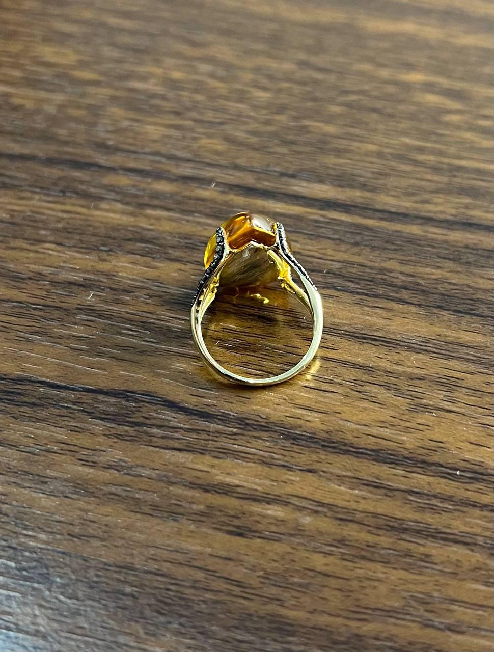 Pear Drop Shape Orange Citrine Cabochon Diamonds 14K Yellow Gold Ring