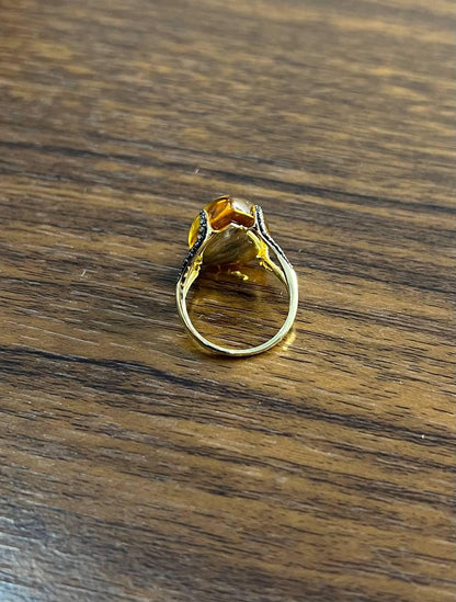 Pear Drop Shape Orange Citrine Cabochon Diamonds 14K Yellow Gold Ring