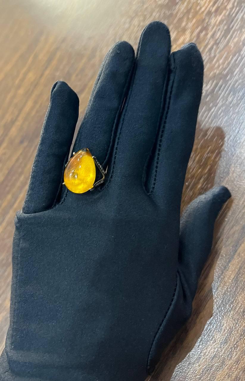 Pear Drop Shape Orange Citrine Cabochon Diamonds 14K Yellow Gold Ring