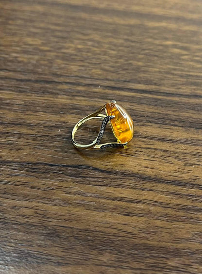 Pear Drop Shape Orange Citrine Cabochon Diamonds 14K Yellow Gold Ring