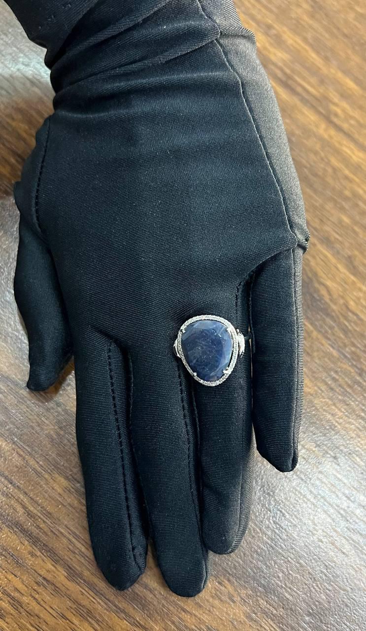 Dark Blue Sapphire Slice Cab Diamond Halo Set 14K White Gold Statement Ring