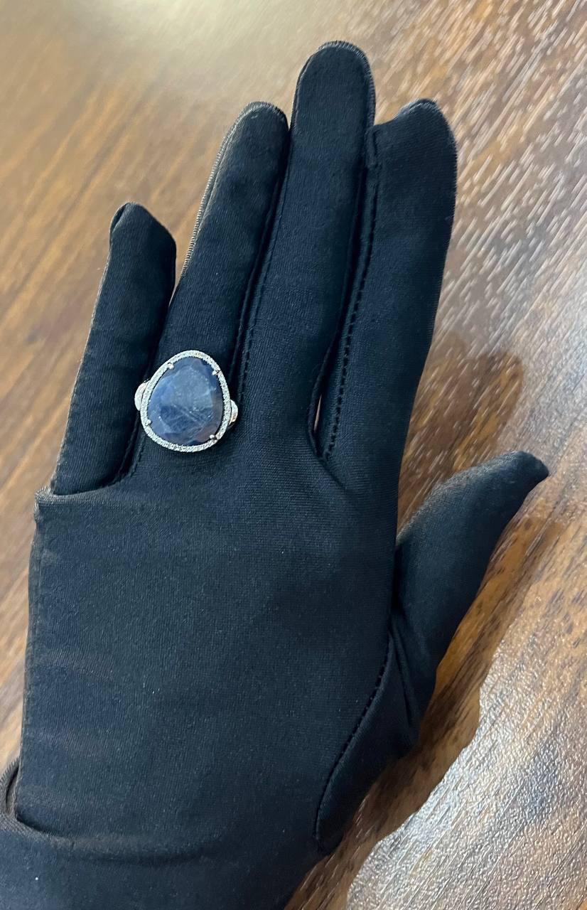 Dark Blue Sapphire Slice Cab Diamond Halo Set 14K White Gold Statement Ring