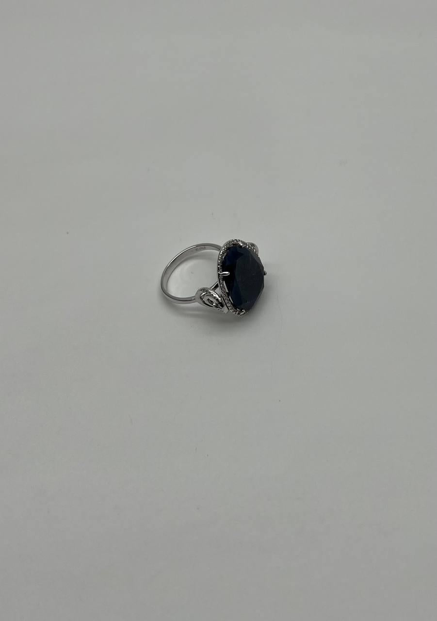 Dark Blue Sapphire Slice Cab Diamond Halo Set 14K White Gold Statement Ring