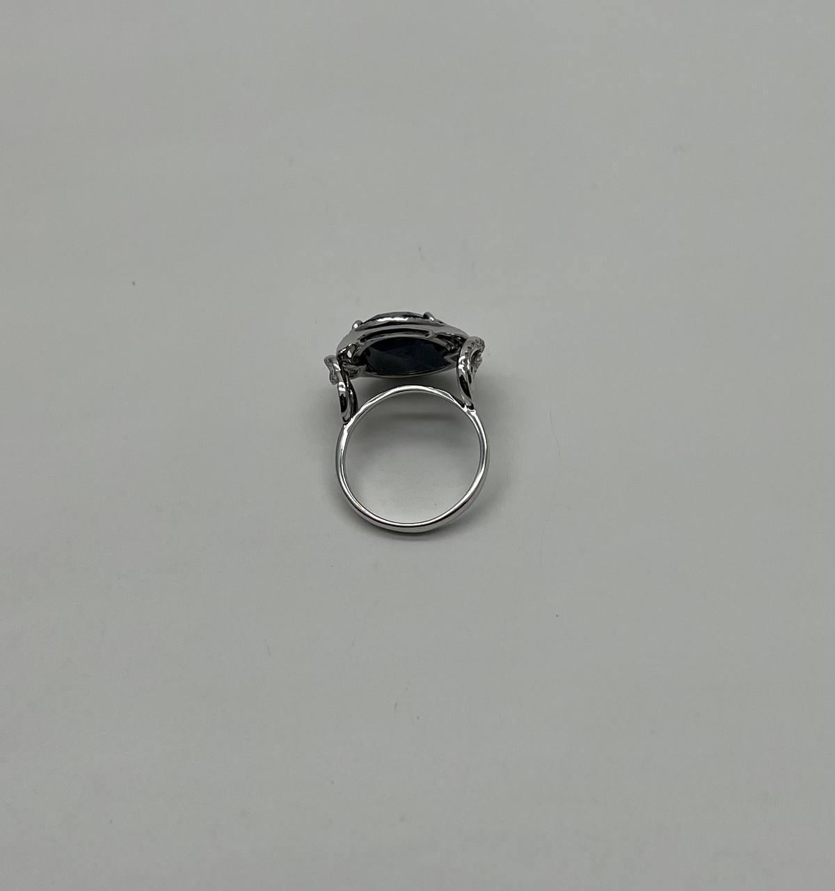 Dark Blue Sapphire Slice Cab Diamond Halo Set 14K White Gold Statement Ring