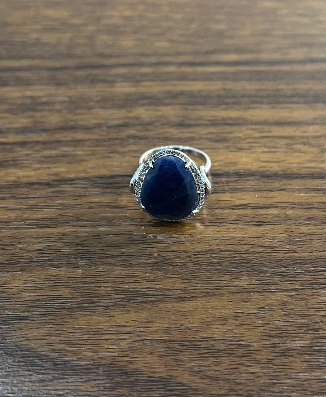 Dark Blue Sapphire Slice Cab Diamond Halo Set 14K White Gold Statement Ring