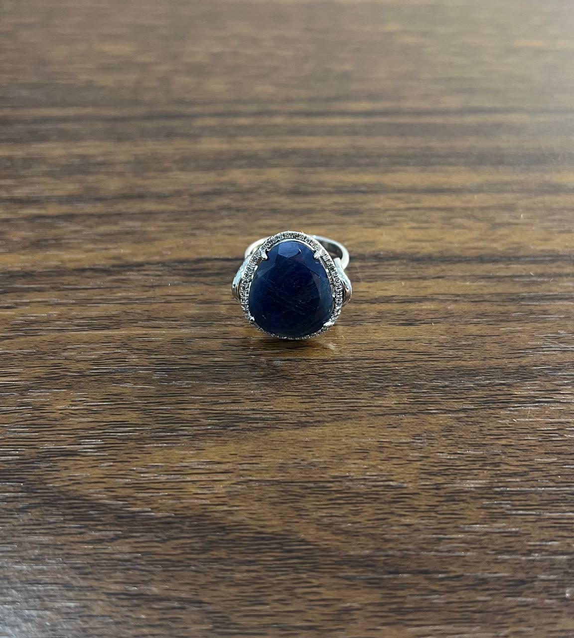 Dark Blue Sapphire Slice Cab Diamond Halo Set 14K White Gold Statement Ring