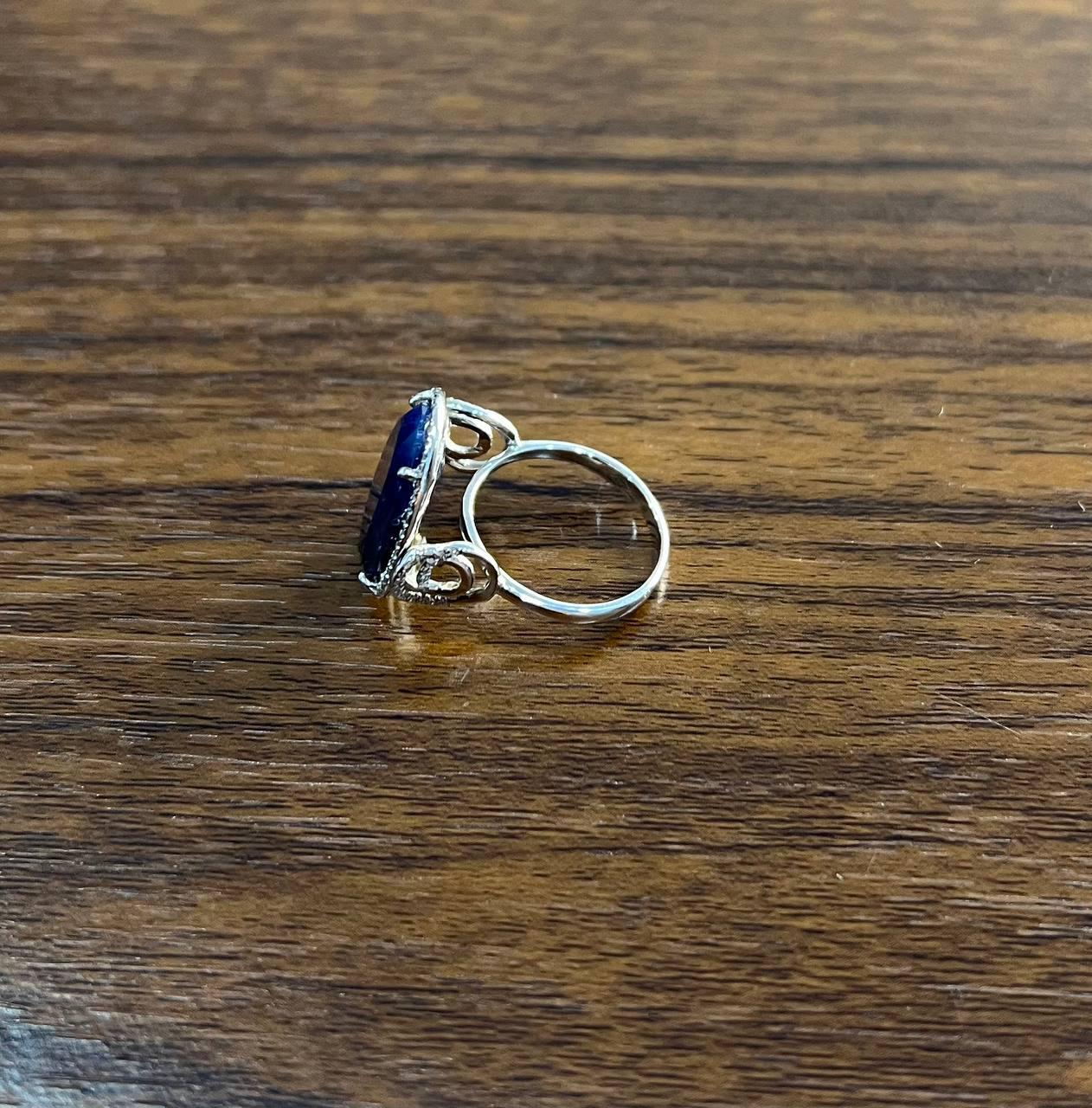 Dark Blue Sapphire Slice Cab Diamond Halo Set 14K White Gold Statement Ring