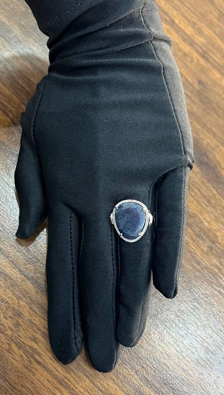 Dark Blue Sapphire Slice Cab Diamond Halo Set 14K White Gold Statement Ring
