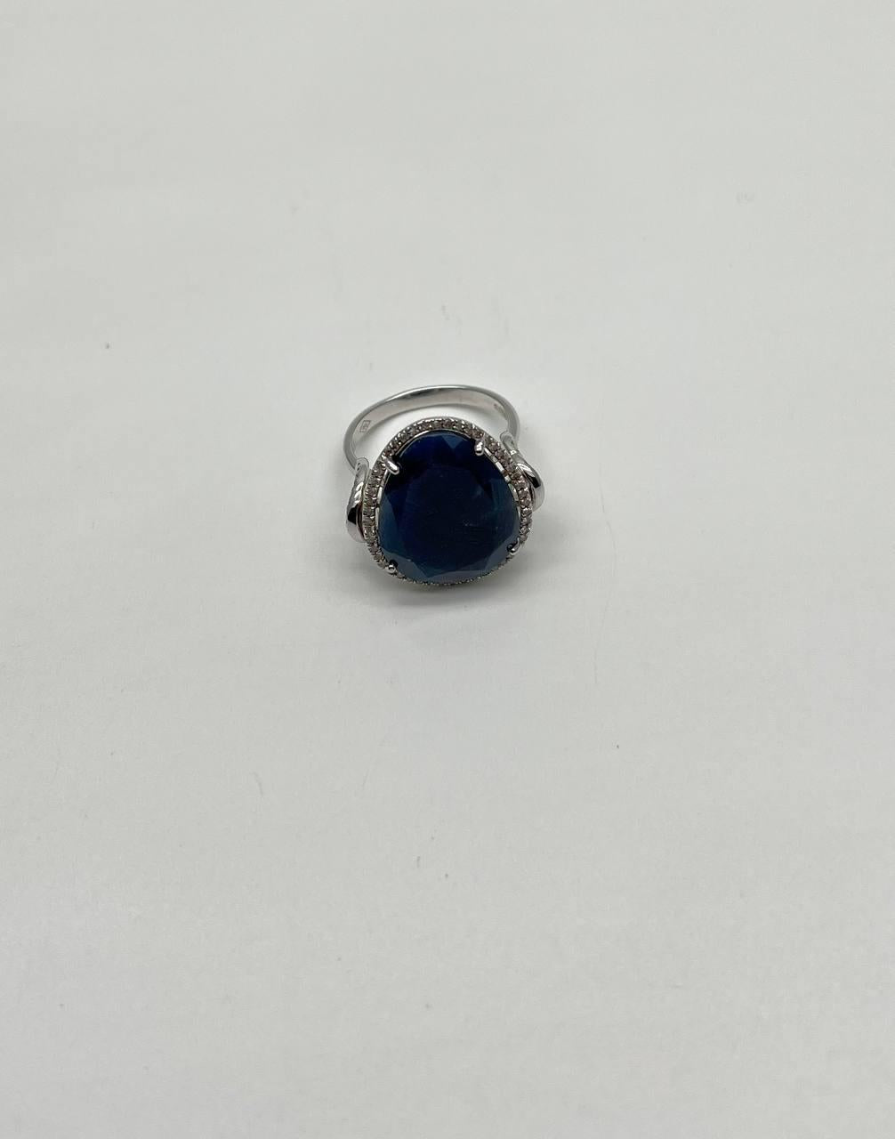 Dark Blue Sapphire Slice Cab Diamond Halo Set 14K White Gold Statement Ring