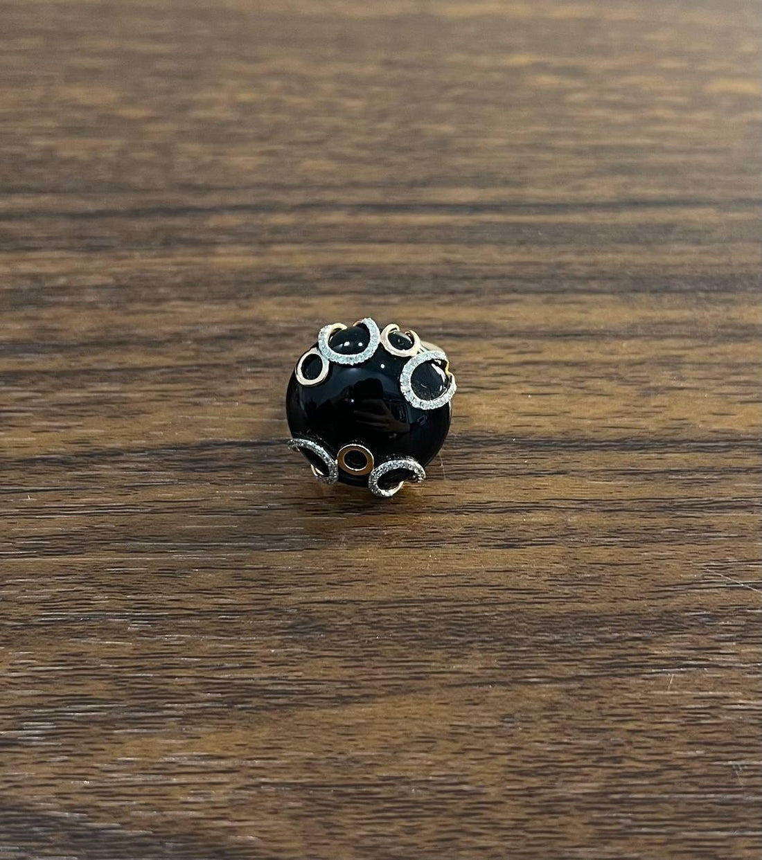 Round Black Onyx Cabochon Diamonds Swirl Scroll 14K Rose Gold Diamond Ring