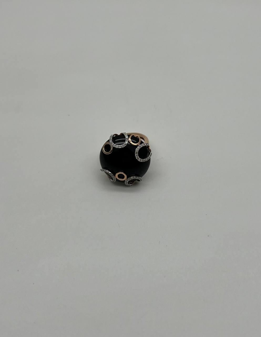 Round Black Onyx Cabochon Diamonds Swirl Scroll 14K Rose Gold Diamond Ring