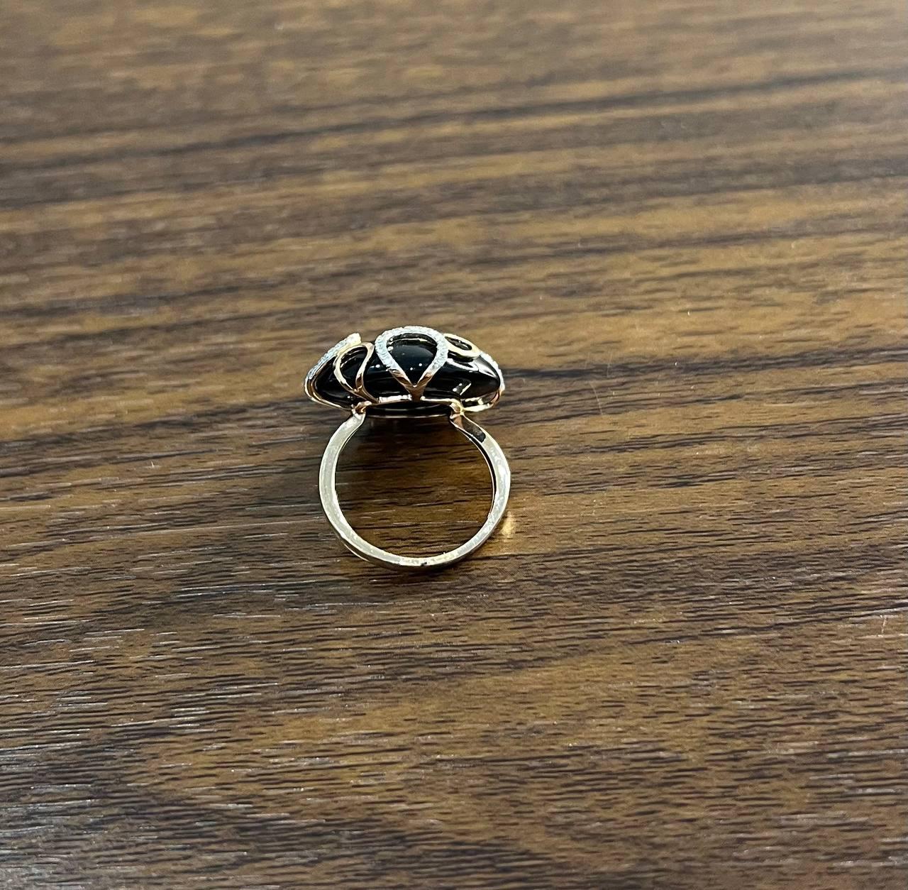 Round Black Onyx Cabochon Diamonds Swirl Scroll 14K Rose Gold Diamond Ring