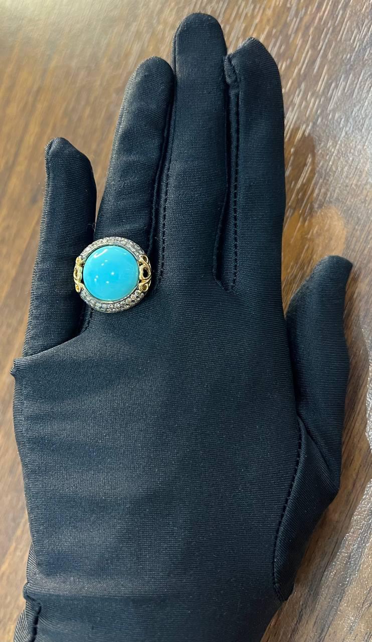Round Blue Teal Turquoise Diamonds Halo Pave Set 14K Yellow Gold Cocktail Ring