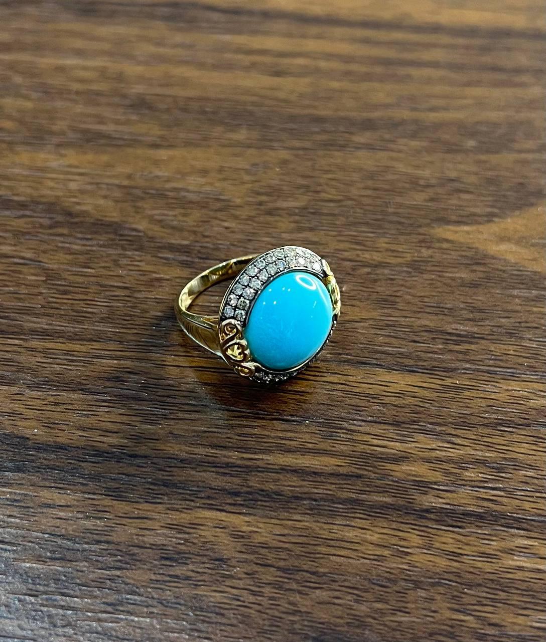 Round Blue Teal Turquoise Diamonds Halo Pave Set 14K Yellow Gold Cocktail Ring