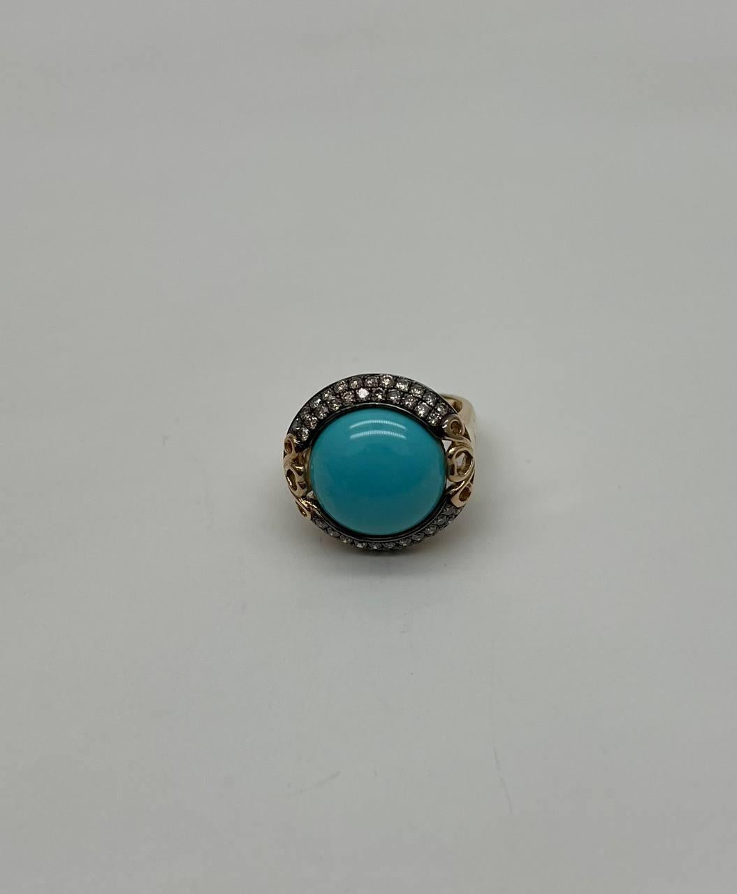 Round Blue Teal Turquoise Diamonds Halo Pave Set 14K Yellow Gold Cocktail Ring