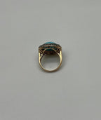 Round Blue Teal Turquoise Diamonds Halo Pave Set 14K Yellow Gold Cocktail Ring