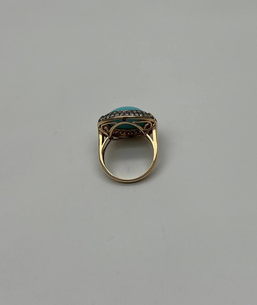 Round Blue Teal Turquoise Diamonds Halo Pave Set 14K Yellow Gold Cocktail Ring