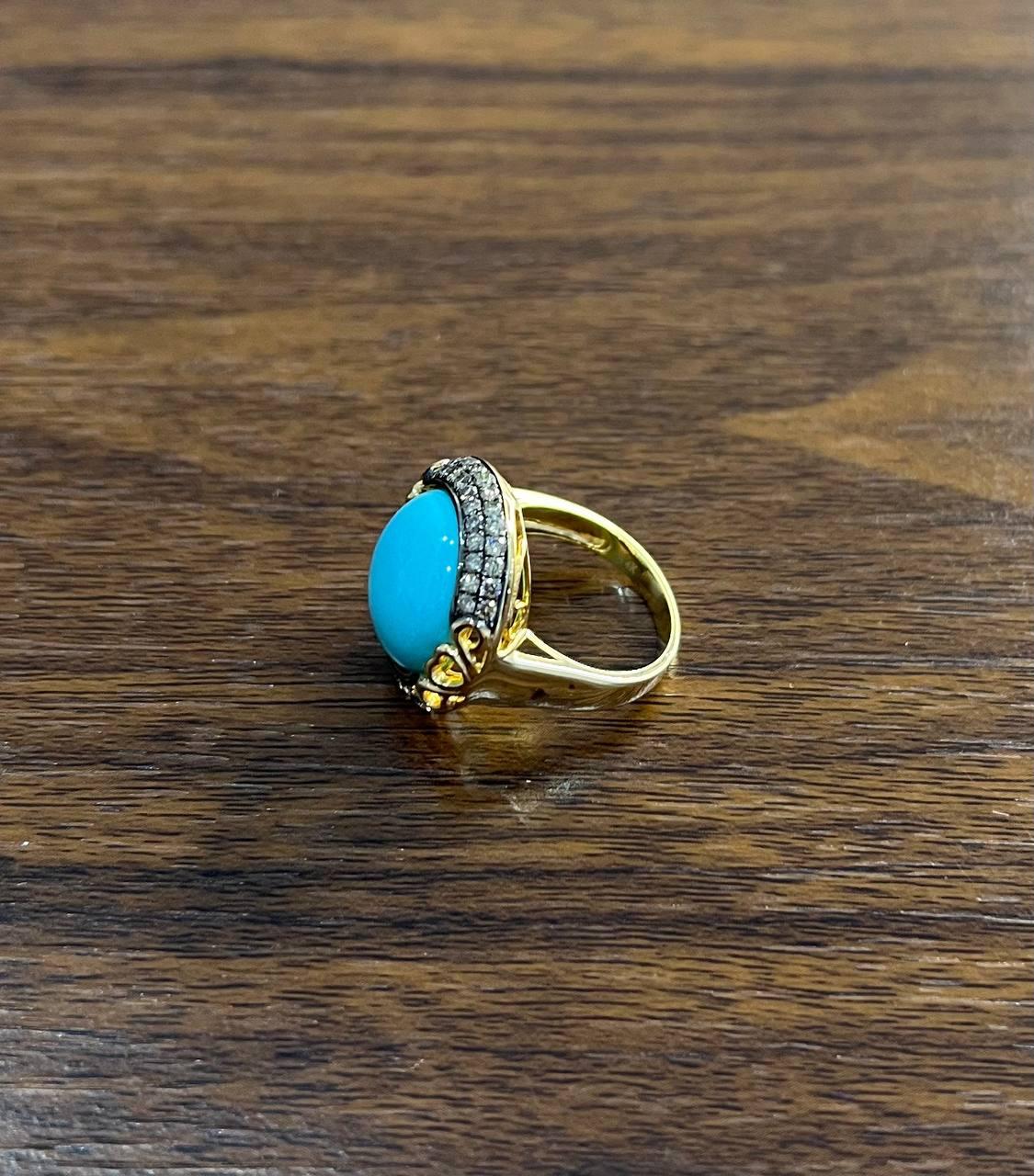 Round Blue Teal Turquoise Diamonds Halo Pave Set 14K Yellow Gold Cocktail Ring