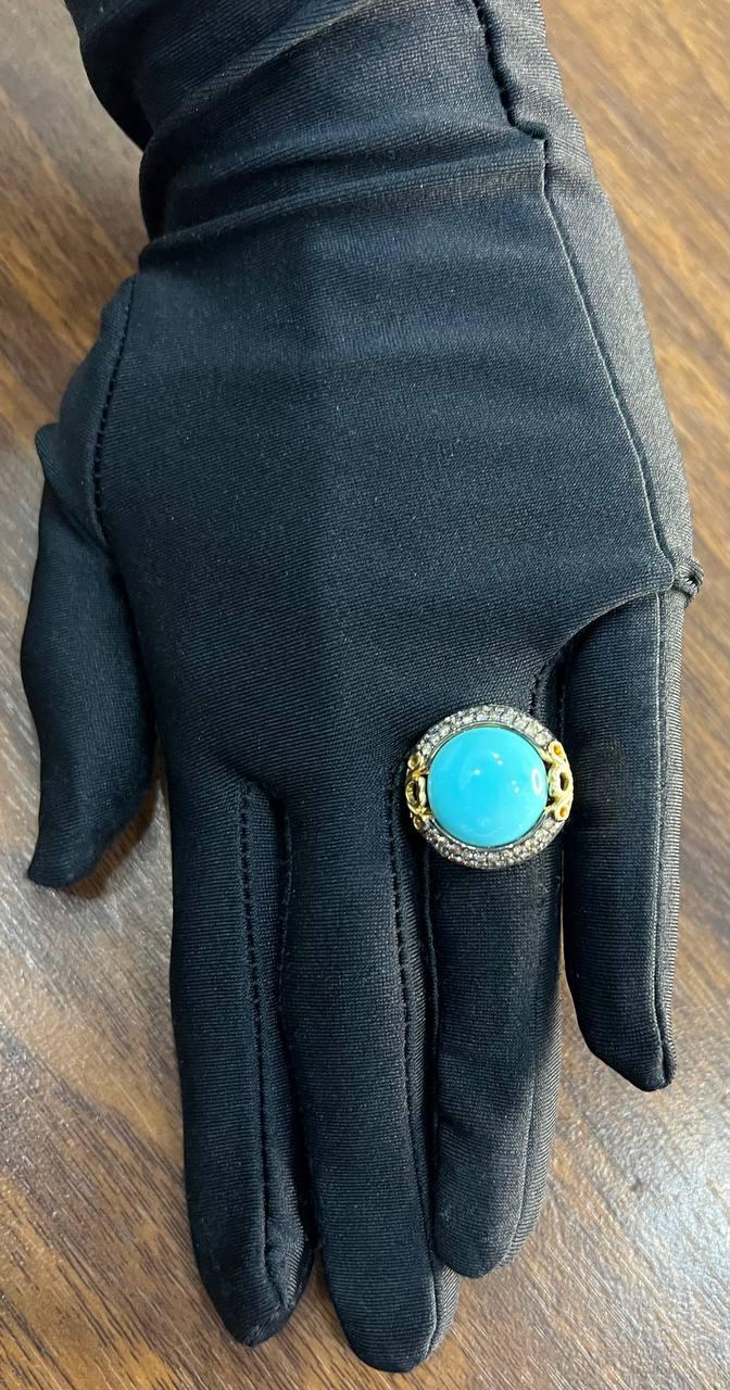 Round Blue Teal Turquoise Diamonds Halo Pave Set 14K Yellow Gold Cocktail Ring