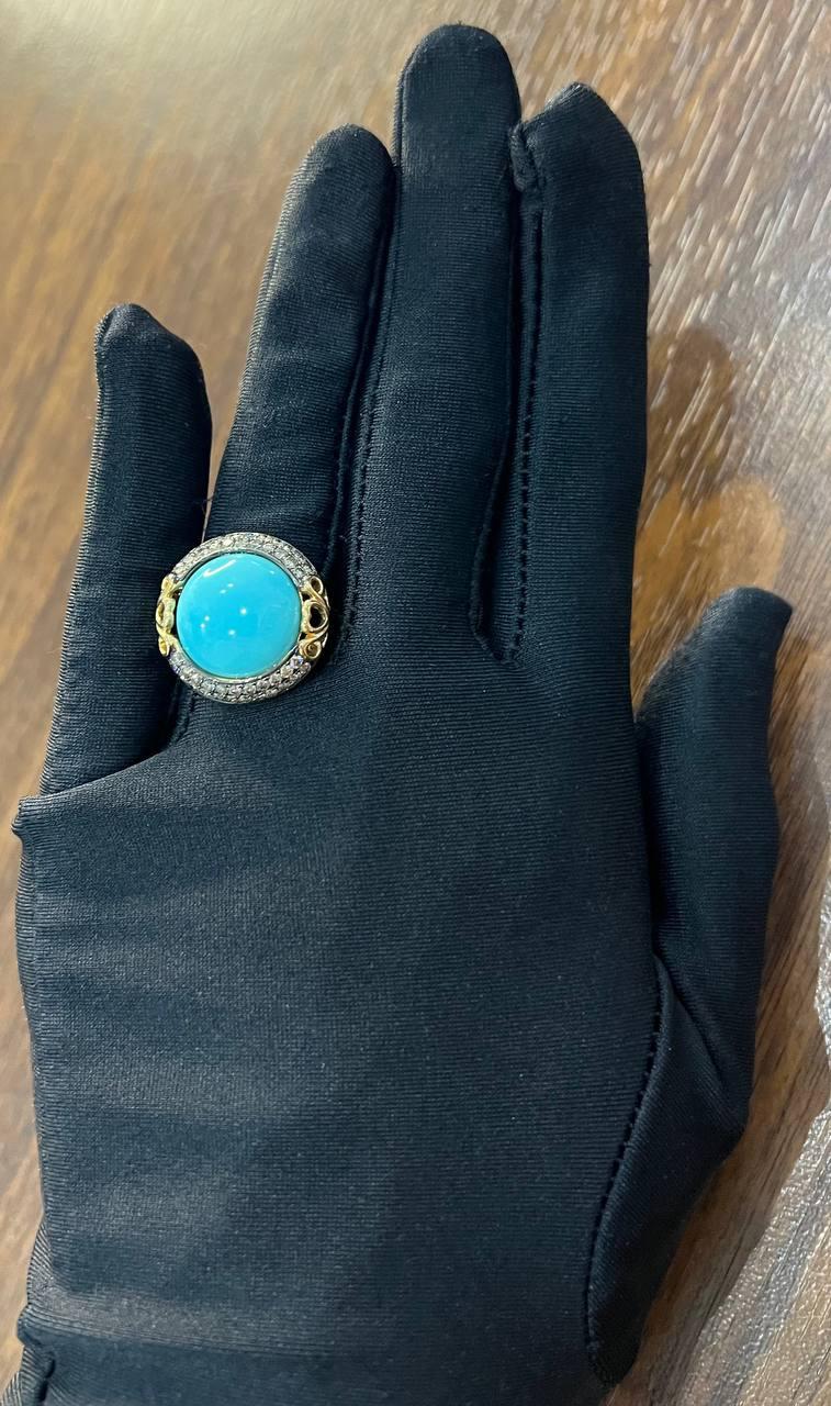 Round Blue Teal Turquoise Diamonds Halo Pave Set 14K Yellow Gold Cocktail Ring