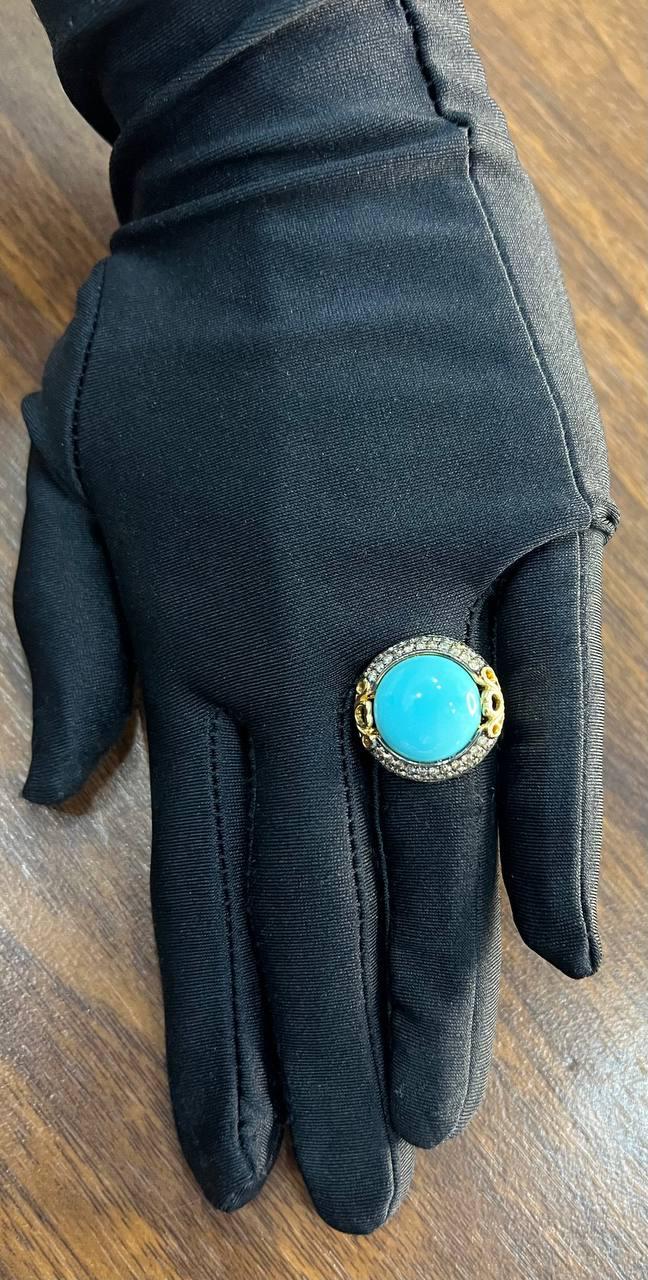 Round Blue Teal Turquoise Diamonds Halo Pave Set 14K Yellow Gold Cocktail Ring