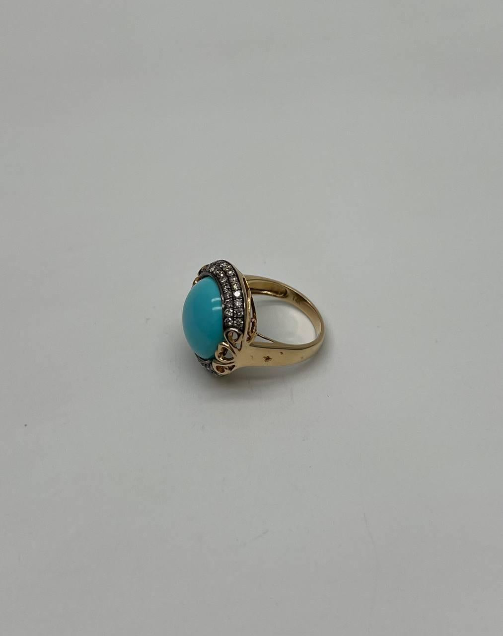 Round Blue Teal Turquoise Diamonds Halo Pave Set 14K Yellow Gold Cocktail Ring