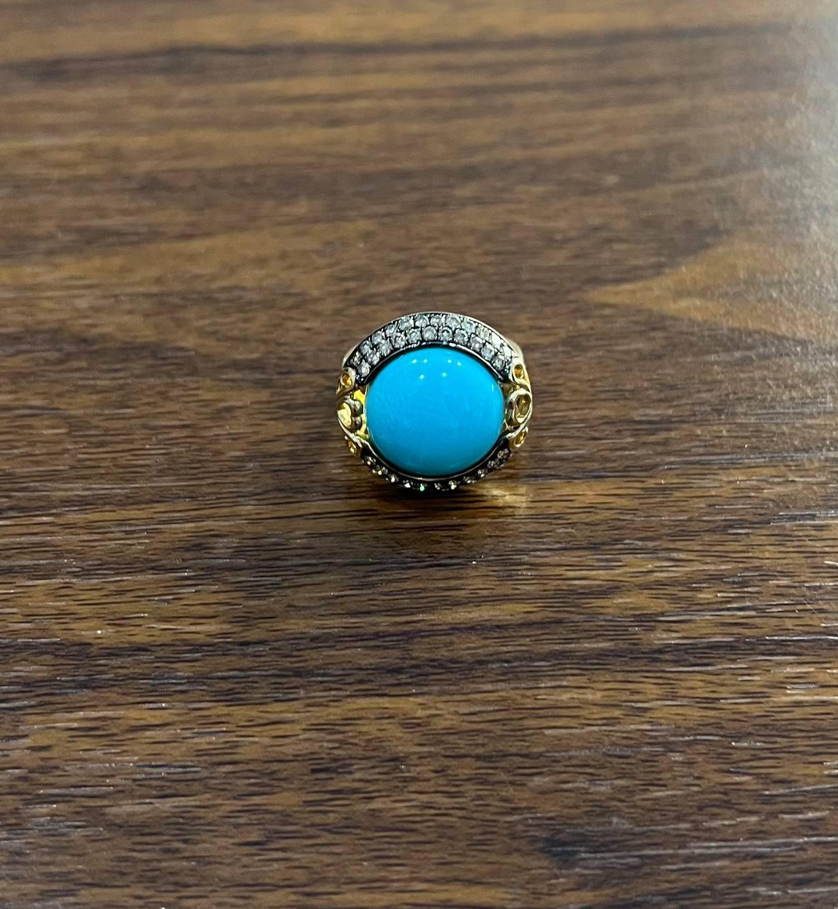 Round Blue Teal Turquoise Diamonds Halo Pave Set 14K Yellow Gold Cocktail Ring