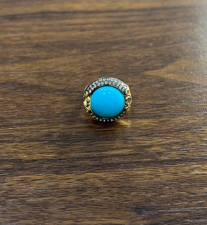 Round Blue Teal Turquoise Diamonds Halo Pave Set 14K Yellow Gold Cocktail Ring