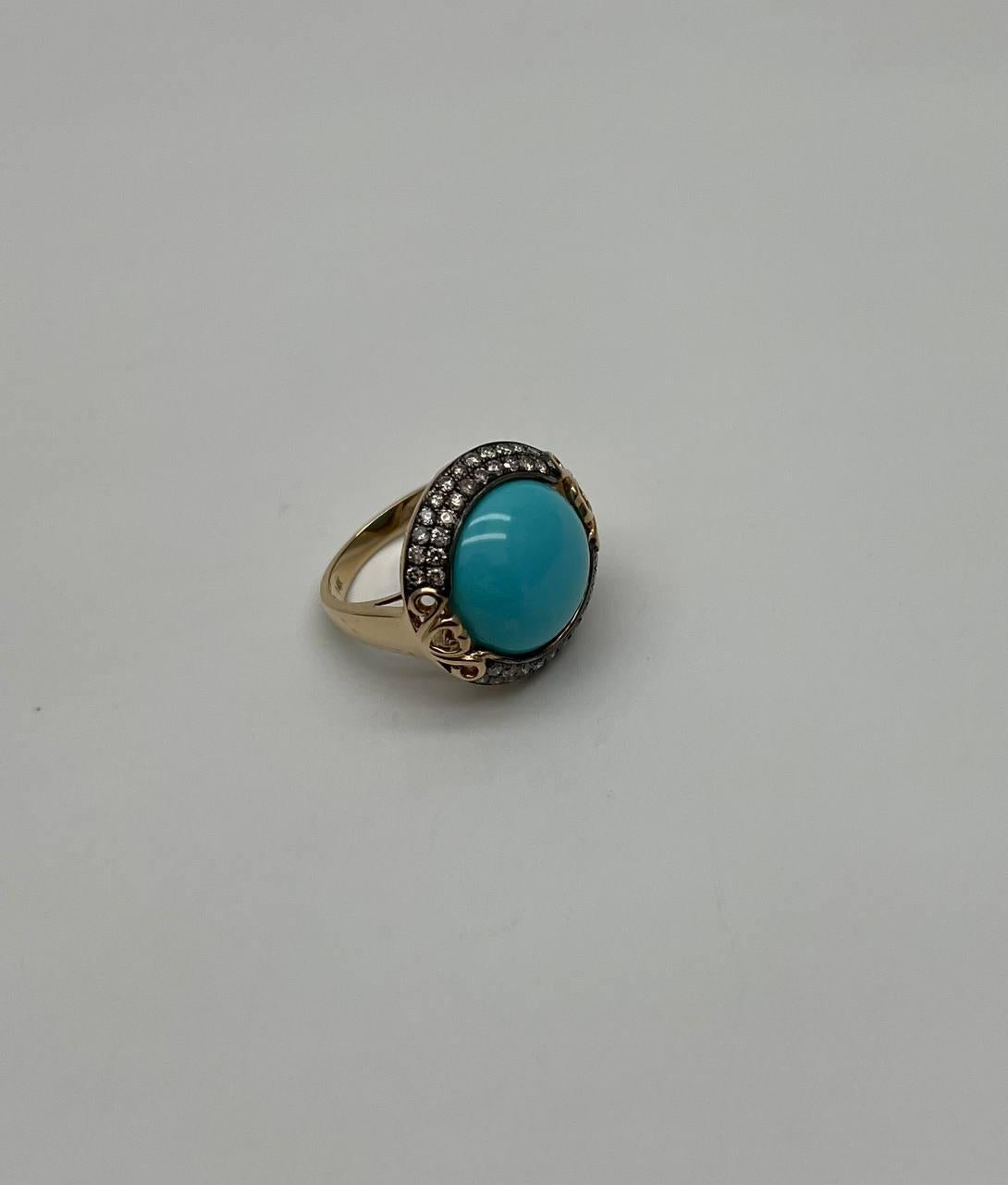 Round Blue Teal Turquoise Diamonds Halo Pave Set 14K Yellow Gold Cocktail Ring