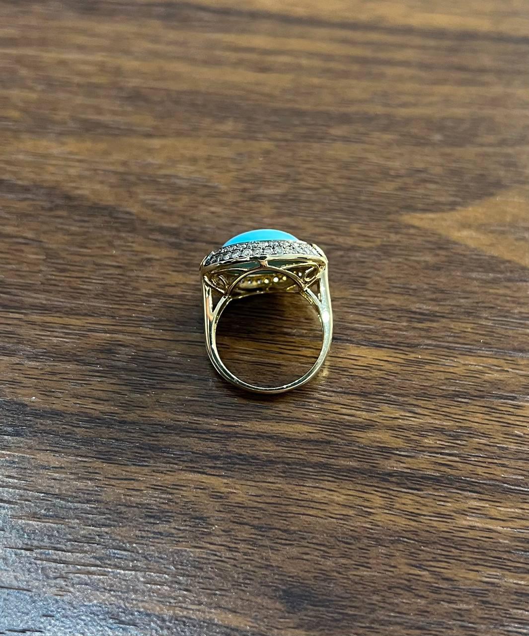 Round Blue Teal Turquoise Diamonds Halo Pave Set 14K Yellow Gold Cocktail Ring