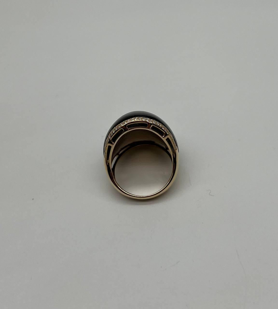 Fancy Cabochon Shape Smooth Brown Smoky Quartz 14K Gold Diamonds Channel Ring