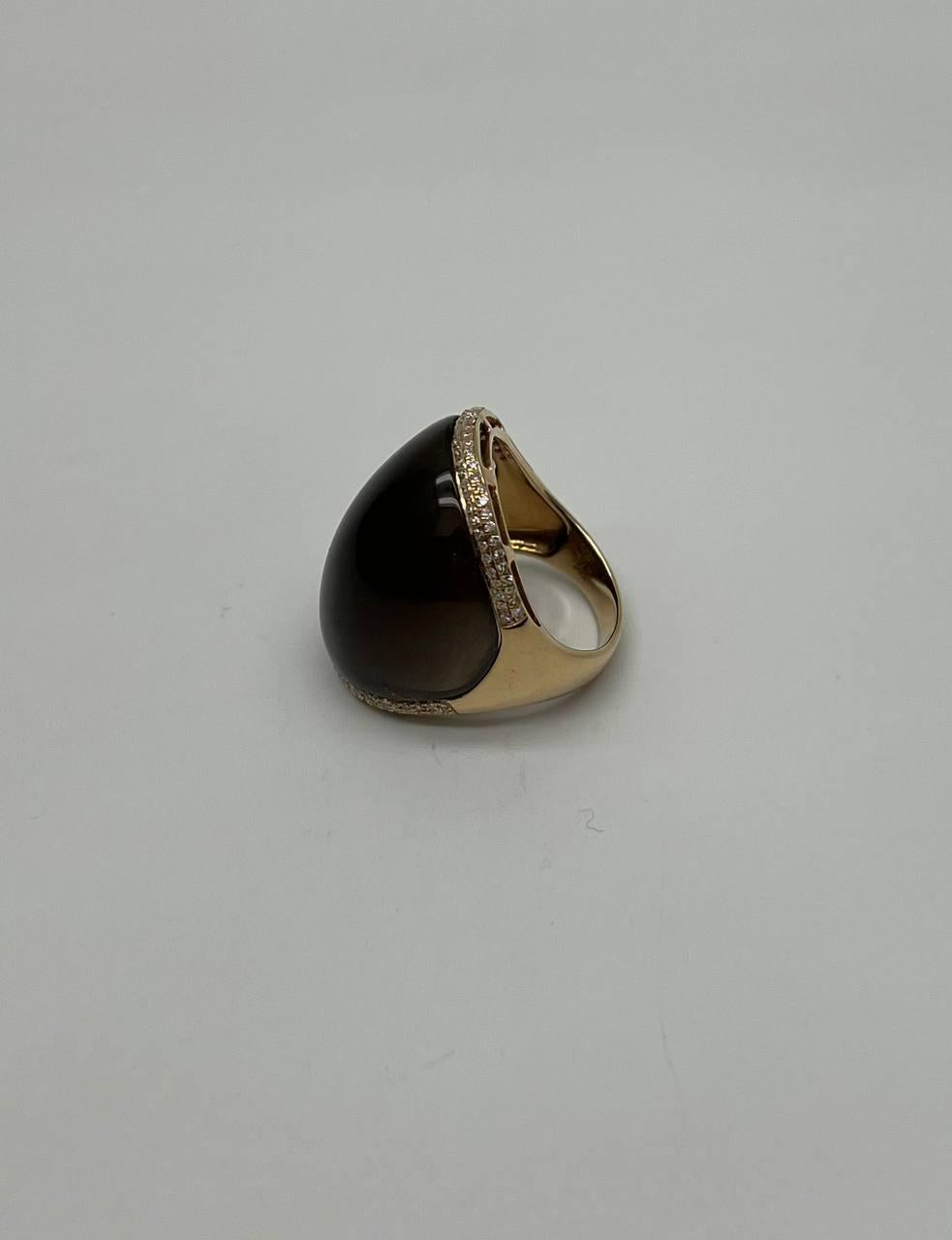 Fancy Cabochon Shape Smooth Brown Smoky Quartz 14K Gold Diamonds Channel Ring