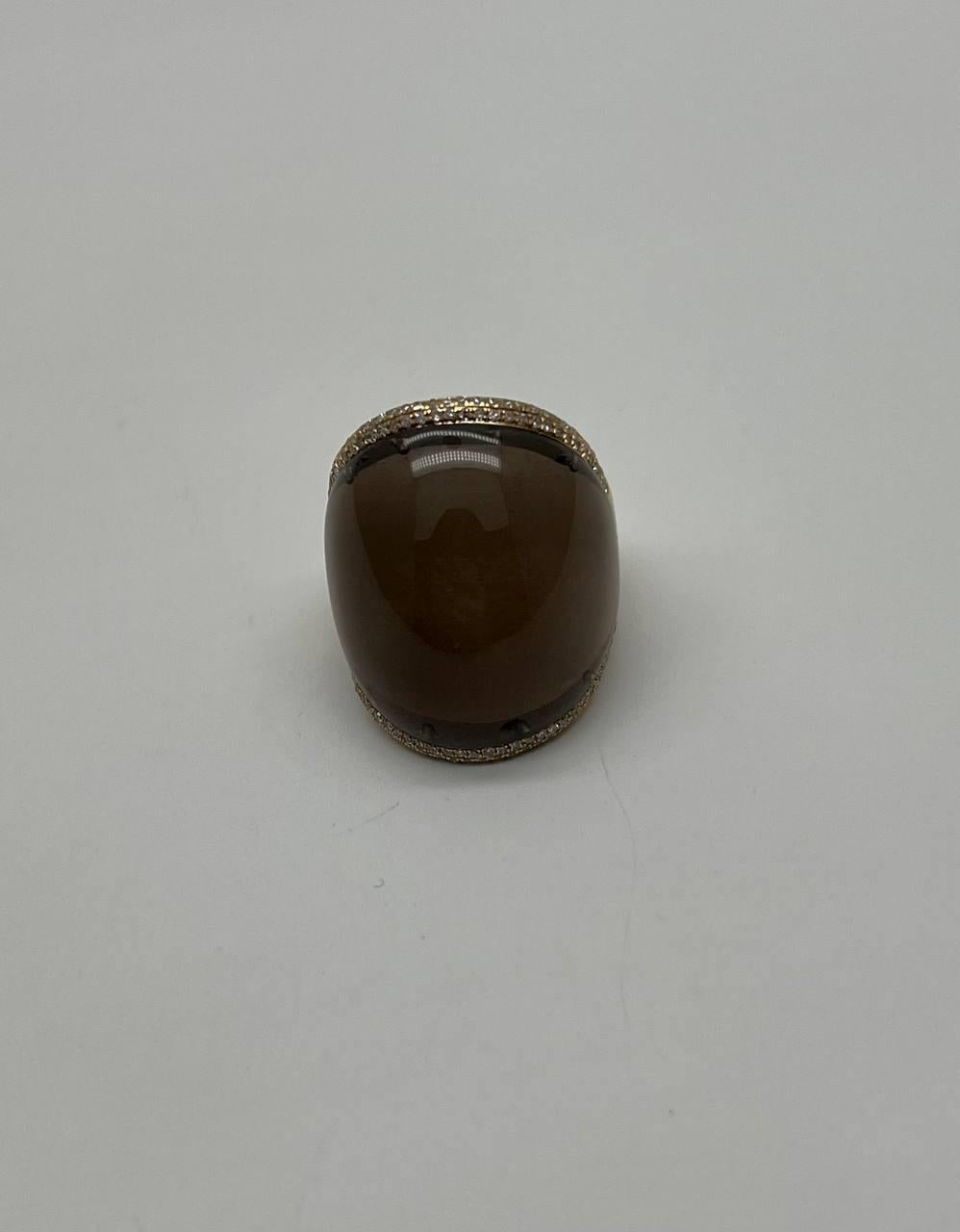 Fancy Cabochon Shape Smooth Brown Smoky Quartz 14K Gold Diamonds Channel Ring