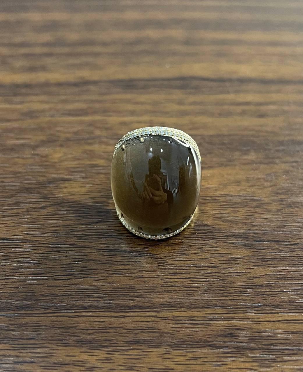 Fancy Cabochon Shape Smooth Brown Smoky Quartz 14K Gold Diamonds Channel Ring