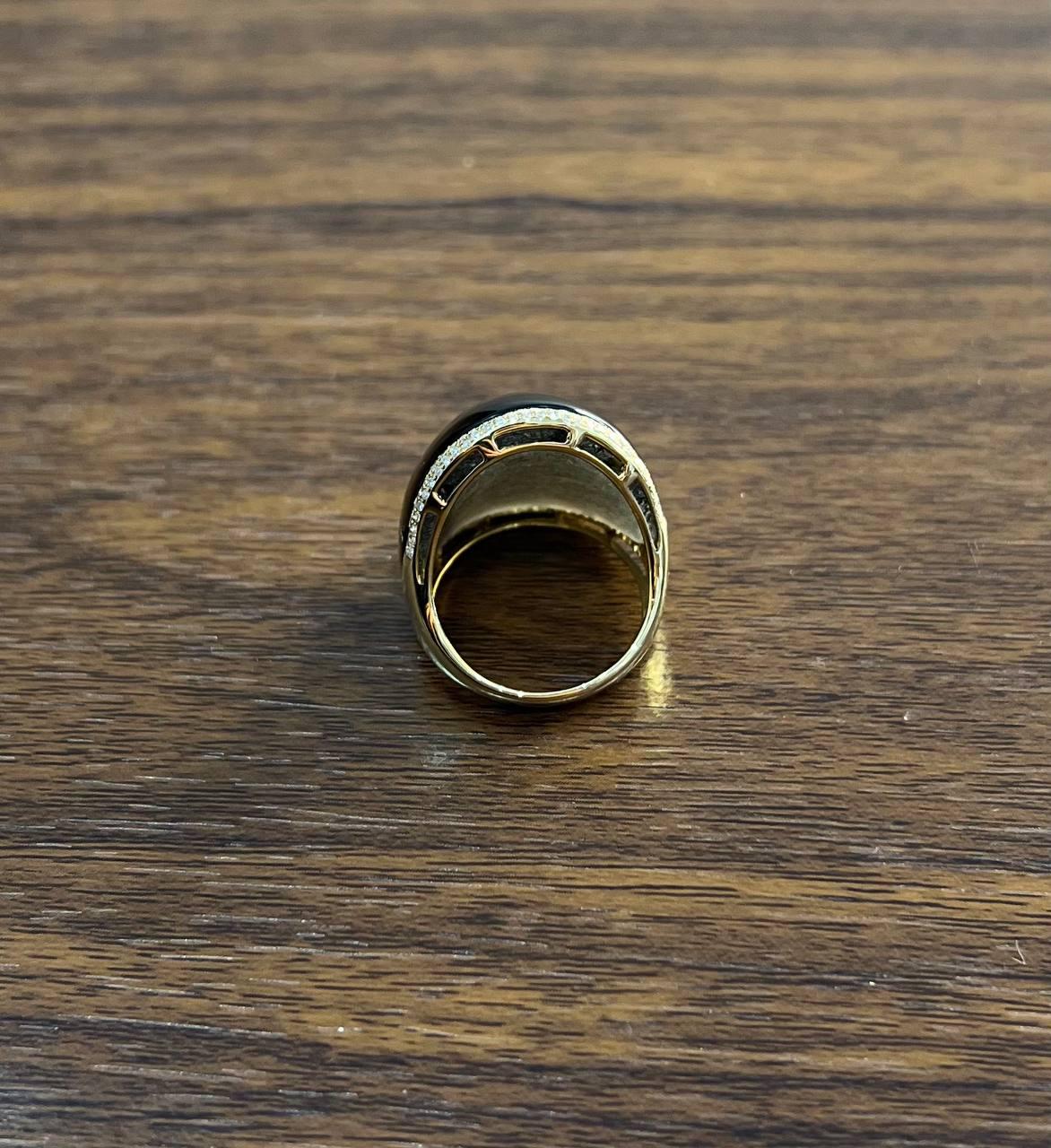 Fancy Cabochon Shape Smooth Brown Smoky Quartz 14K Gold Diamonds Channel Ring