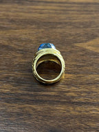 Large Oval Shape Swiss Blue Topaz 14K Horizontal Yellow Gold Dome Cocktail Ring