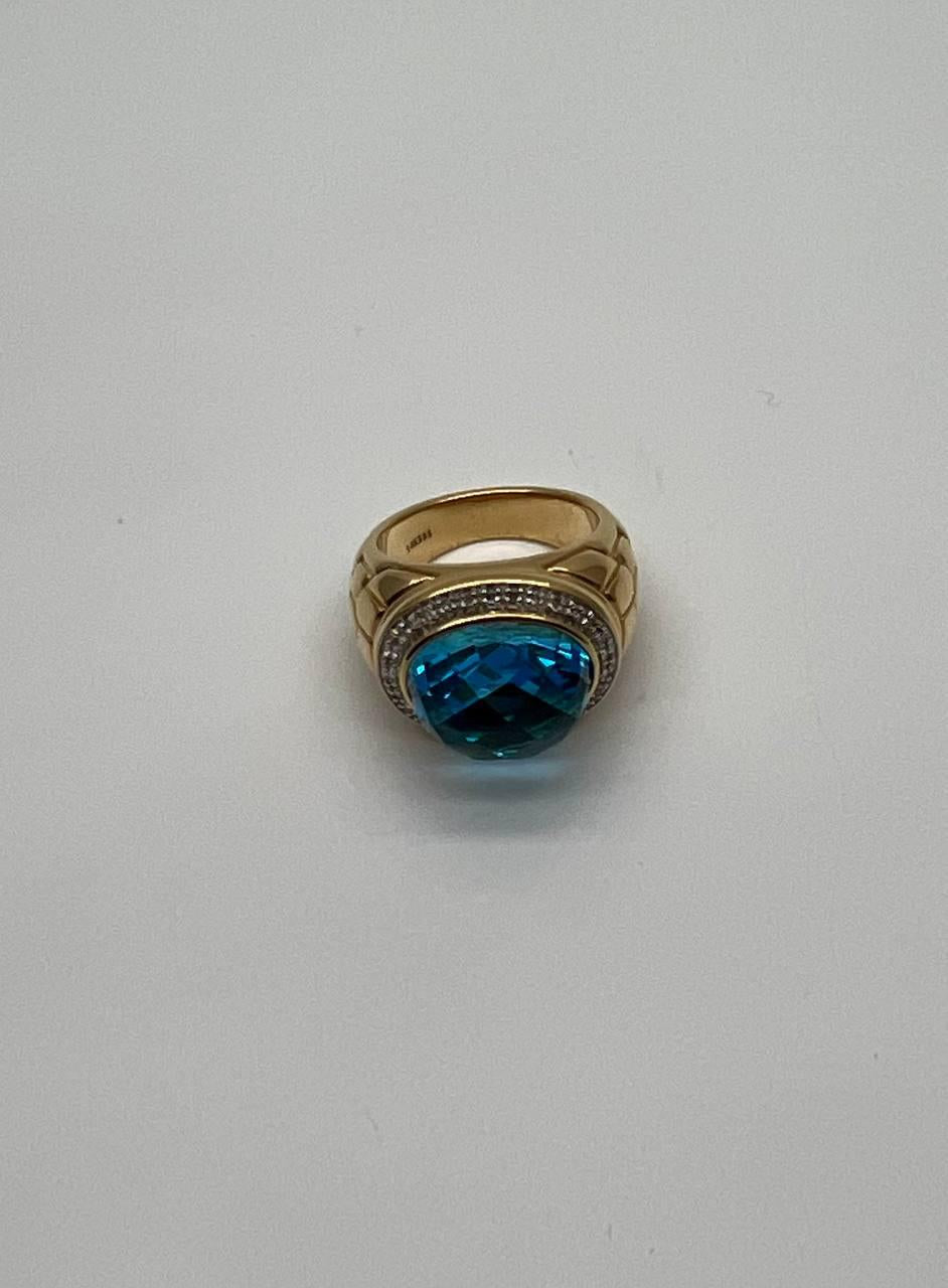 Large Oval Shape Swiss Blue Topaz 14K Horizontal Yellow Gold Dome Cocktail Ring