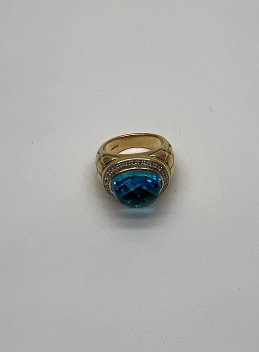 Large Oval Shape Swiss Blue Topaz 14K Horizontal Yellow Gold Dome Cocktail Ring
