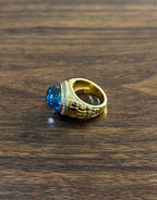 Large Oval Shape Swiss Blue Topaz 14K Horizontal Yellow Gold Dome Cocktail Ring