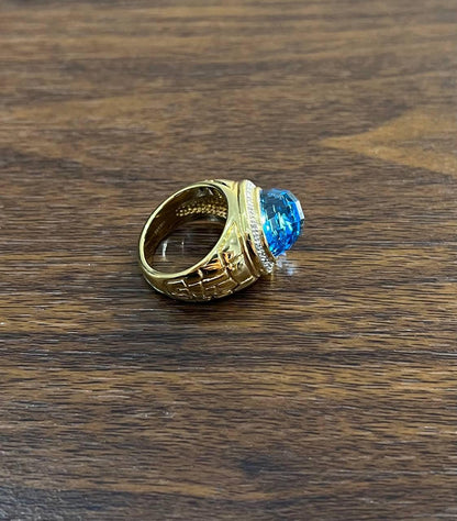 Large Oval Shape Swiss Blue Topaz 14K Horizontal Yellow Gold Dome Cocktail Ring
