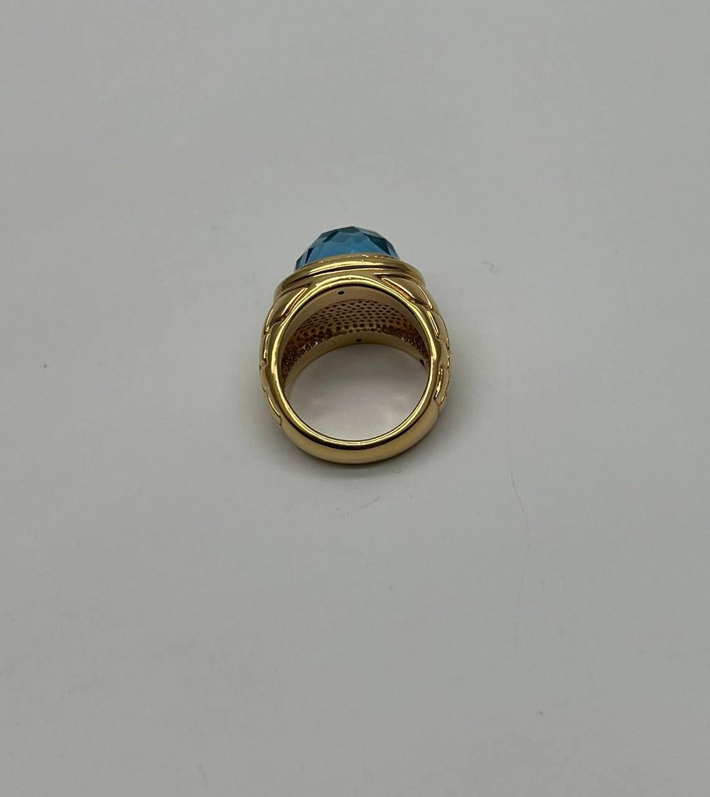 Large Oval Shape Swiss Blue Topaz 14K Horizontal Yellow Gold Dome Cocktail Ring