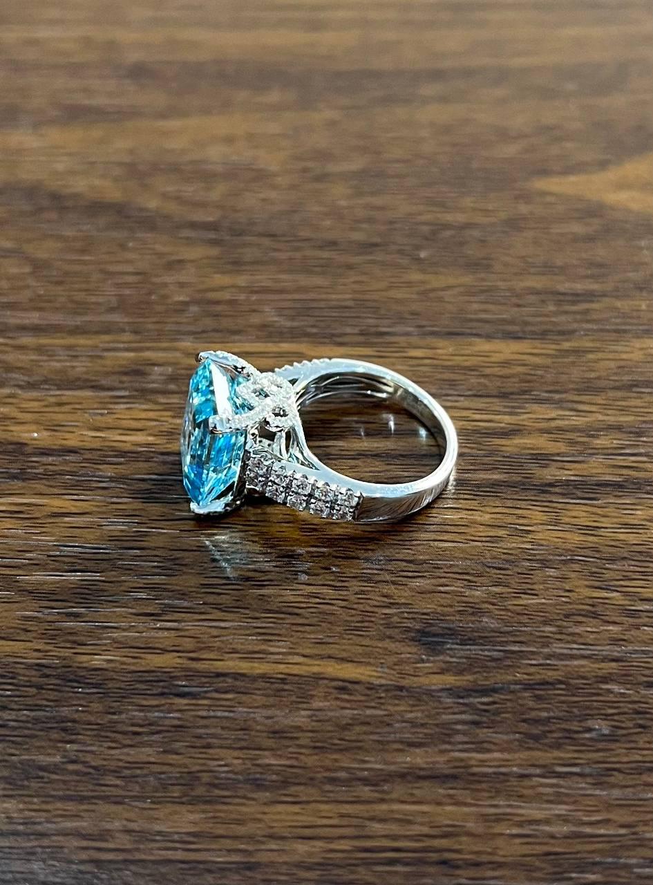 Octagon Shape Blue Aquamarine Diamond Pave 14K White Gold Cocktail Ring