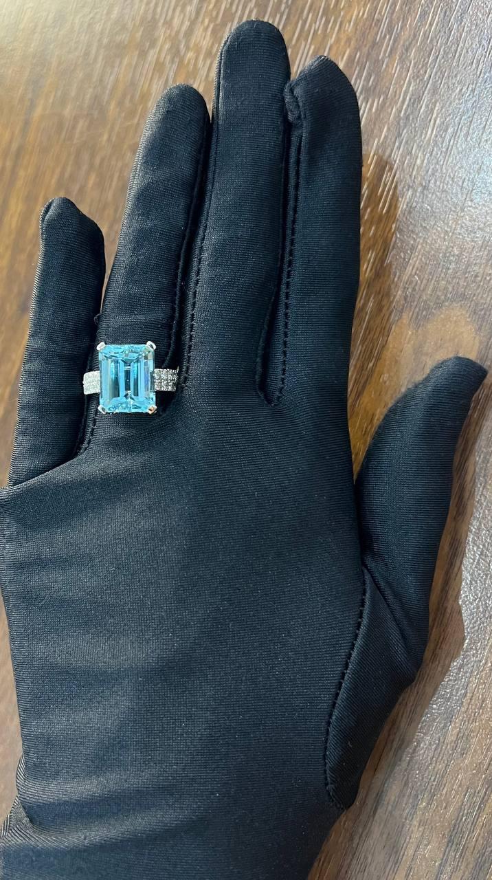Octagon Shape Blue Aquamarine Diamond Pave 14K White Gold Cocktail Ring