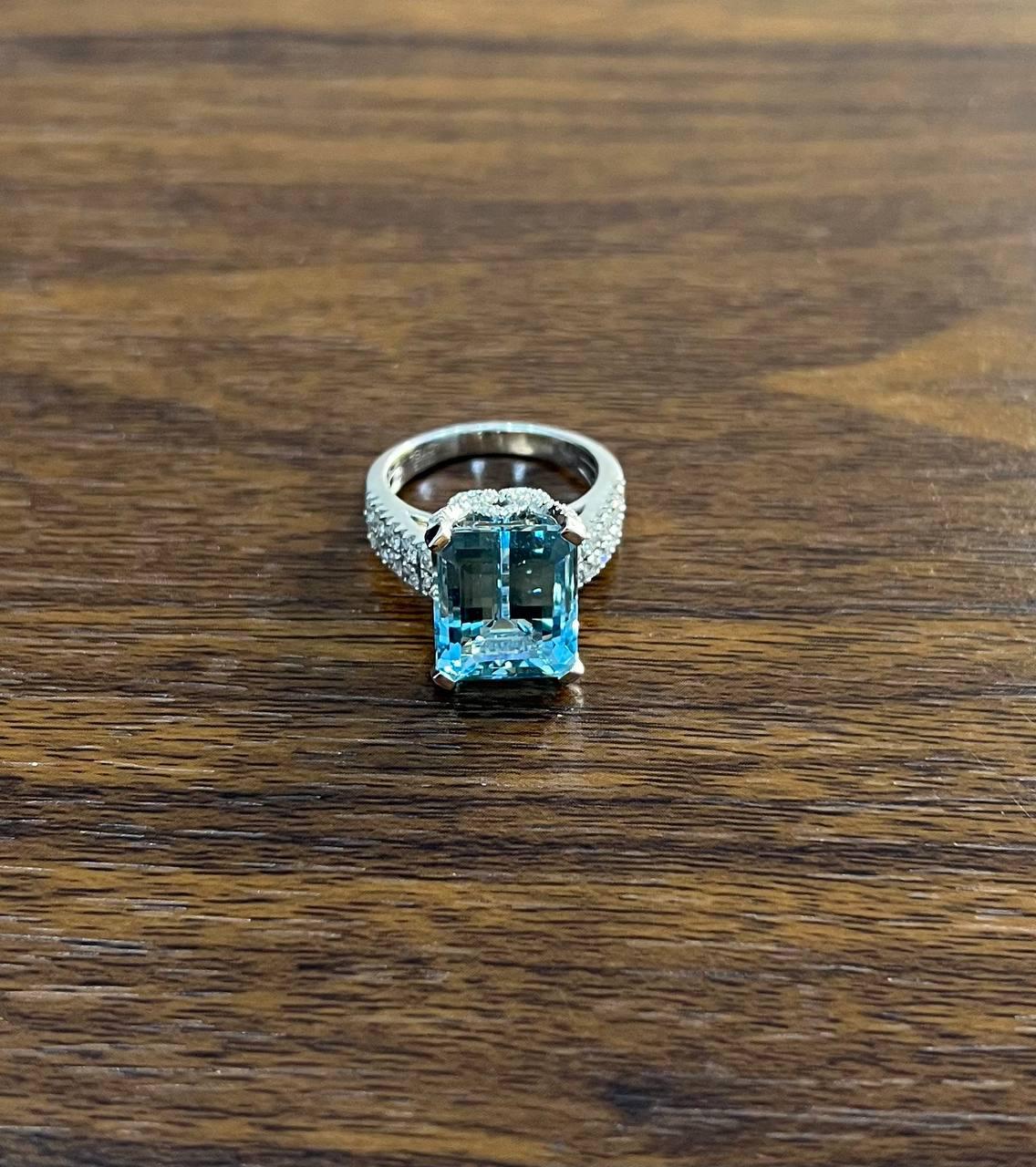 Octagon Shape Blue Aquamarine Diamond Pave 14K White Gold Cocktail Ring