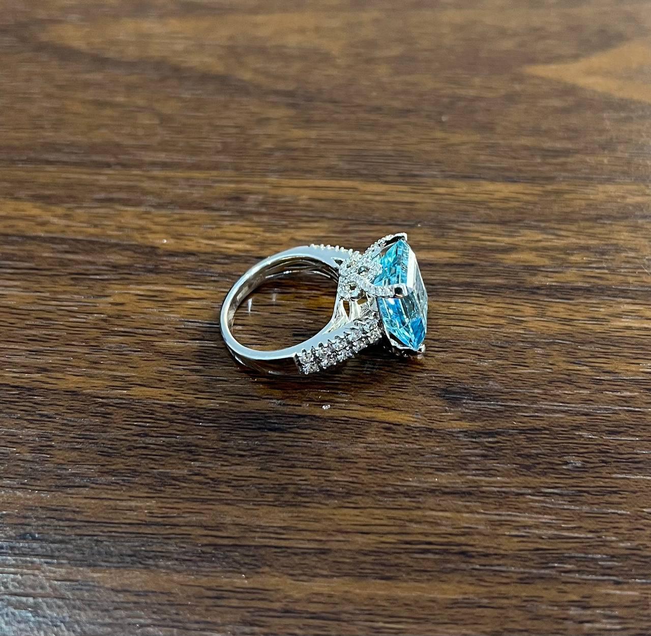 Octagon Shape Blue Aquamarine Diamond Pave 14K White Gold Cocktail Ring