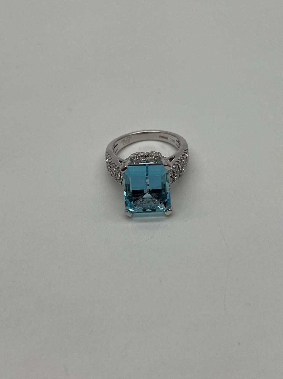 Octagon Shape Blue Aquamarine Diamond Pave 14K White Gold Cocktail Ring