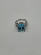 Octagon Shape Blue Aquamarine Diamond Pave 14K White Gold Cocktail Ring