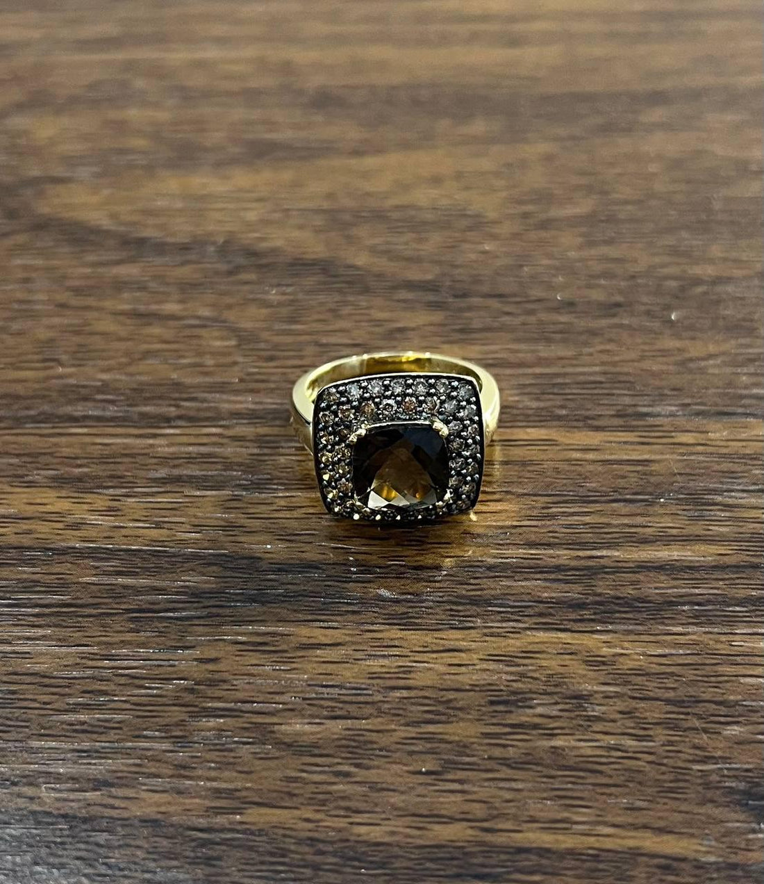 Brown Smoky Quartz Cushion Shape Diamond Halo 14K Yellow Gold Statement Ring