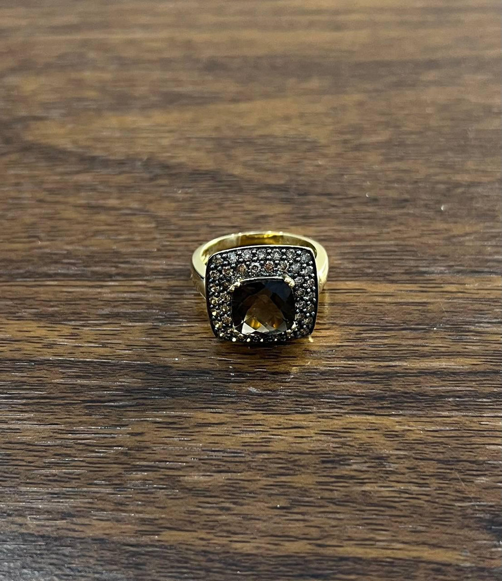 Brown Smoky Quartz Cushion Shape Diamond Halo 14K Yellow Gold Statement Ring